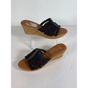 Italiana Women's Black Wedge Sandals Embellished‎ Elastic Straps Italian Made